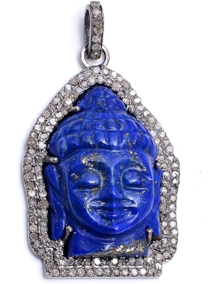 925 Sterling Silver Diamond Lapis Lazuli Buddha carved figure Pendant Jewelry,Diamond Buddha Pendant,Diamond Buddha