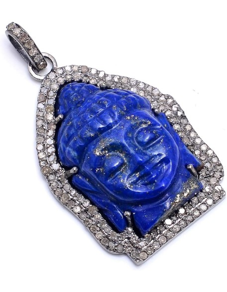 925 Sterling Silver Diamond Lapis Lazuli Buddha carved figure Pendant Jewelry,Diamond Buddha Pendant,Diamond Buddha