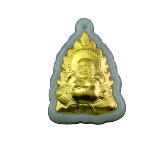 Happy Laugh Buddha Gold Leaf Natural Jadeite Jade Pendant