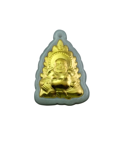 Happy Laugh Buddha Gold Leaf Natural Jadeite Jade Pendant