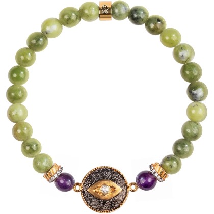 - Defensive Trio - Women's Genuine Jade Stone 18K Gold Plated Brass Evil Eye Beaded Bracelet. 6.5" stretch.Protection Bracelet, Ready to Gift for Her.