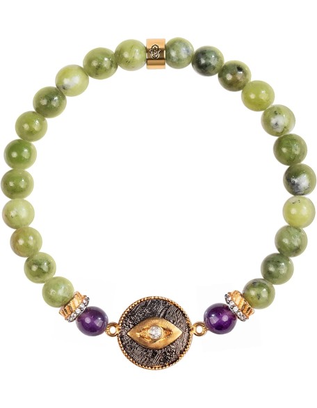 - Defensive Trio - Women's Genuine Jade Stone 18K Gold Plated Brass Evil Eye Beaded Bracelet. 6.5" stretch.Protection Bracelet, Ready to Gift for Her.