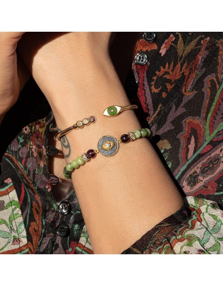 - Defensive Trio - Women's Genuine Jade Stone 18K Gold Plated Brass Evil Eye Beaded Bracelet. 6.5" stretch.Protection Bracelet, Ready to Gift for Her.