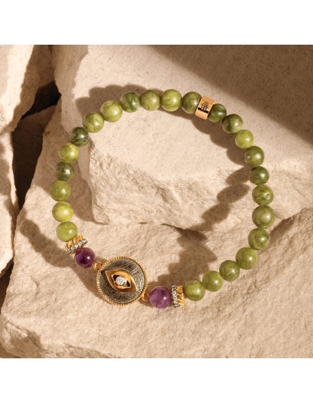 - Defensive Trio - Women's Genuine Jade Stone 18K Gold Plated Brass Evil Eye Beaded Bracelet. 6.5" stretch.Protection Bracelet, Ready to Gift for Her.