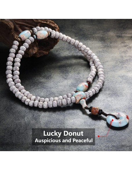 Handmade 108 Bodhi Seeds Mala Beads Tibetan Buddhist Prayer Beads Bracelet for Women with Agalmatolite Donut