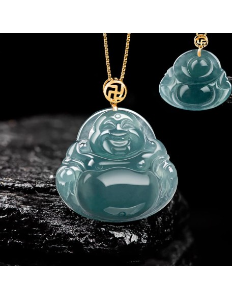 S925 Silver Natural Jadeite Buddha Pendant Women's Luxury Jade Necklace with 18 inch Chain Lucky Jewelry Gift for Her