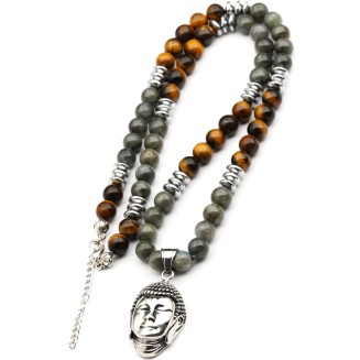 ElisaJewelryArt - Stainless Steel Buddha Pendant Natural Labradorite And Tiger Eye Stone Beaded Necklace Genuine Gemstone Healing Stone Hematite Necklace Unisex Necklace (22, Labradorite)