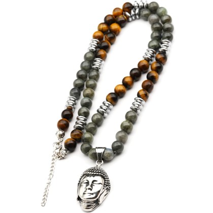 ElisaJewelryArt - Stainless Steel Buddha Pendant Natural Labradorite And Tiger Eye Stone Beaded Necklace Genuine Gemstone Healing Stone Hematite Necklace Unisex Necklace (22, Labradorite)