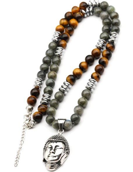 ElisaJewelryArt - Stainless Steel Buddha Pendant Natural Labradorite And Tiger Eye Stone Beaded Necklace Genuine Gemstone Healing Stone Hematite Necklace Unisex Necklace (22, Labradorite)