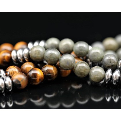 ElisaJewelryArt - Stainless Steel Buddha Pendant Natural Labradorite And Tiger Eye Stone Beaded Necklace Genuine Gemstone Healing Stone Hematite Necklace Unisex Necklace (22, Labradorite)