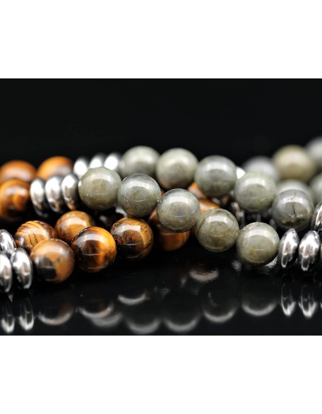 ElisaJewelryArt - Stainless Steel Buddha Pendant Natural Labradorite And Tiger Eye Stone Beaded Necklace Genuine Gemstone Healing Stone Hematite Necklace Unisex Necklace (22, Labradorite)