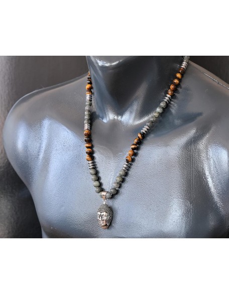 ElisaJewelryArt - Stainless Steel Buddha Pendant Natural Labradorite And Tiger Eye Stone Beaded Necklace Genuine Gemstone Healing Stone Hematite Necklace Unisex Necklace (22, Labradorite)