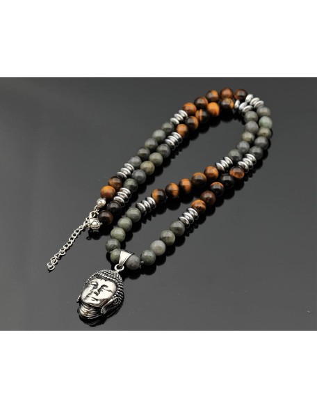 ElisaJewelryArt - Stainless Steel Buddha Pendant Natural Labradorite And Tiger Eye Stone Beaded Necklace Genuine Gemstone Healing Stone Hematite Necklace Unisex Necklace (22, Labradorite)