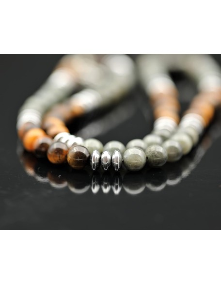 ElisaJewelryArt - Stainless Steel Buddha Pendant Natural Labradorite And Tiger Eye Stone Beaded Necklace Genuine Gemstone Healing Stone Hematite Necklace Unisex Necklace (22, Labradorite)