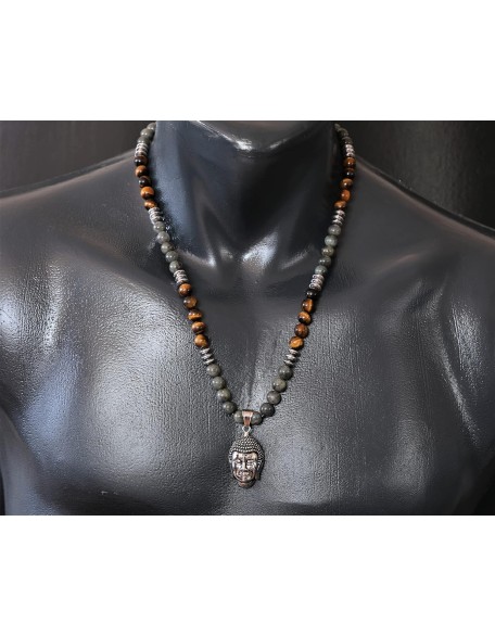 ElisaJewelryArt - Stainless Steel Buddha Pendant Natural Labradorite And Tiger Eye Stone Beaded Necklace Genuine Gemstone Healing Stone Hematite Necklace Unisex Necklace (22, Labradorite)