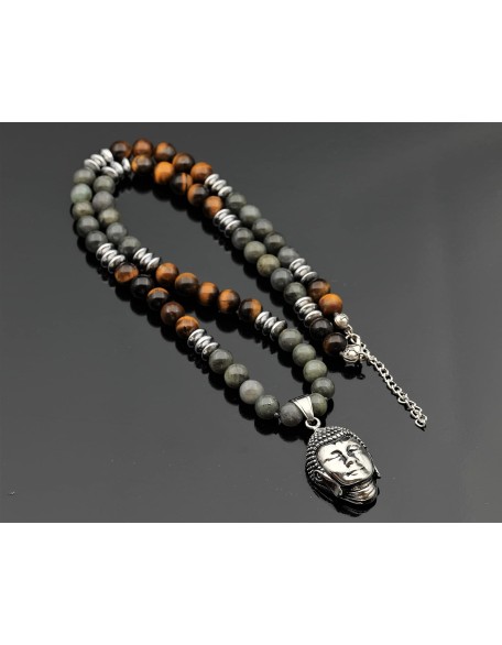 ElisaJewelryArt - Stainless Steel Buddha Pendant Natural Labradorite And Tiger Eye Stone Beaded Necklace Genuine Gemstone Healing Stone Hematite Necklace Unisex Necklace (22, Labradorite)