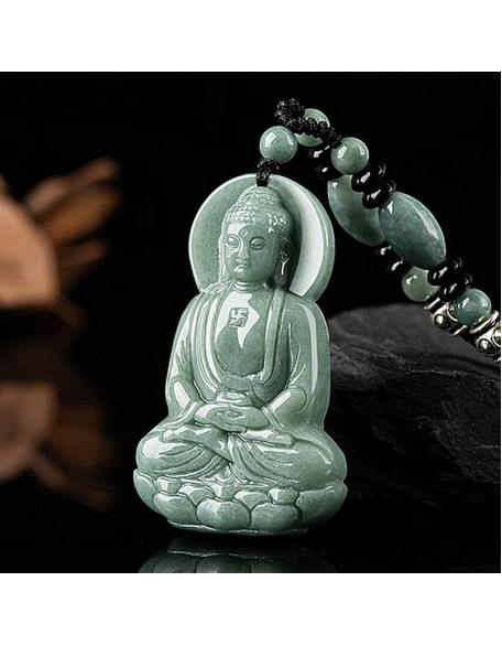 Natural Grade A Jade Jadeite Bean green three-dimensional Buddha Amitabha ice seed jade pendant Statue of Buddha men and women pendant