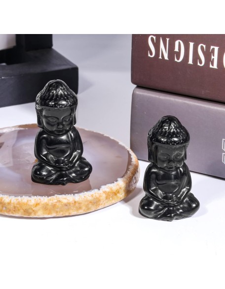 Rockcloud Pocket Stone Baby Buddha Crystal Statue for Home Decoration Zen Garden Spiritual Feng Shui Figurine, Black Obsidian