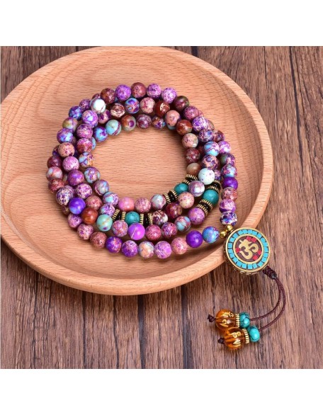 8mm Violet Imperal Jaspers Beads Wrap Bracelet Necklace，Women 108 Beaded Mala Natural Gemstone Jewelry for Meditation Yoga Spirit Tibetan Buddha