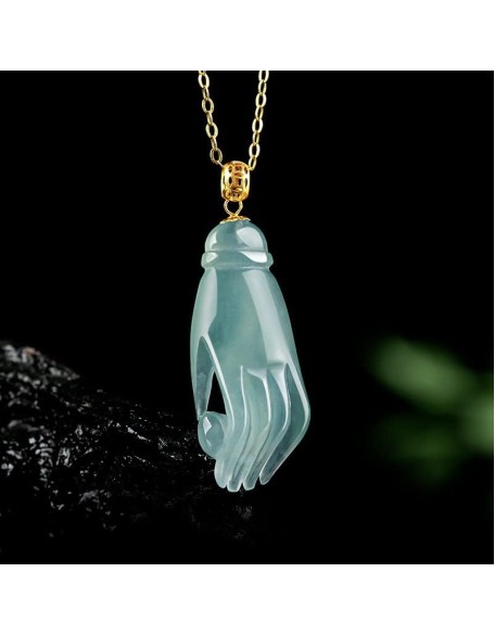 Natural Jade Fortune Cui Oil Buddha Hande Pendant Grade A Jadeite Certified Hand-Carved Fengshui Amulet Wealth Pendant Necklace,18K Gold Buckle，Silver Necklace.