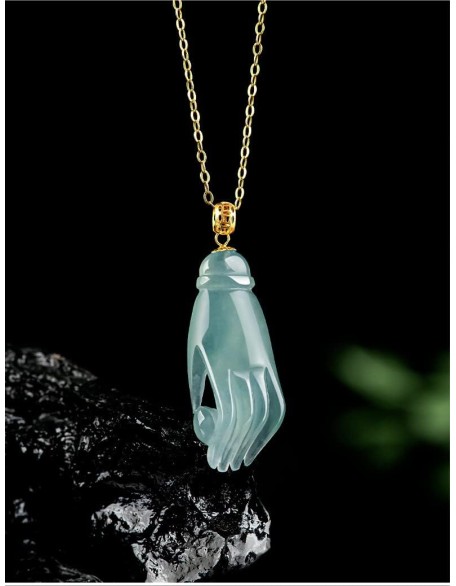 Natural Jade Fortune Cui Oil Buddha Hande Pendant Grade A Jadeite Certified Hand-Carved Fengshui Amulet Wealth Pendant Necklace,18K Gold Buckle，Silver Necklace.