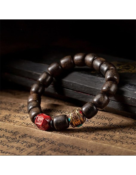 11Mm Agarwood Bracelet Tibetan Copper Bead Bracelet Cinnabar Six Word Proverbs Buddha Bead Prayer Bracelet