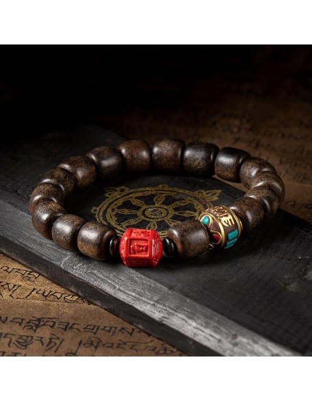 11Mm Agarwood Bracelet Tibetan Copper Bead Bracelet Cinnabar Six Word Proverbs Buddha Bead Prayer Bracelet