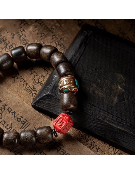 11Mm Agarwood Bracelet Tibetan Copper Bead Bracelet Cinnabar Six Word Proverbs Buddha Bead Prayer Bracelet