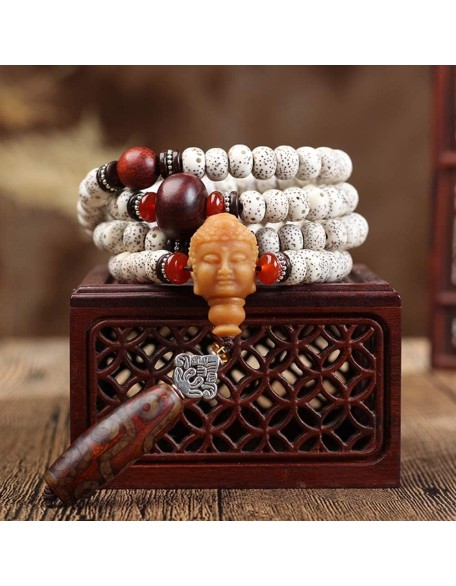 Prayer Beads,Beads Necklace,Bracelet, 108 Beads Bracelet Tibetan Buddhist Star Moon Bodhi with Lotus/Buddha Pendant Natural Wood Mala Prayer Bead Necklace(Color:B,Size:7 * 9mm) (Color : B (