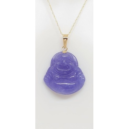 Jade Buddha in 14k Yellow Gold Pendant/Necklace w/18 Inches yellow gold 14k Rope chain for a Purple Jade LOVER. Lucky Buddha. Pendant 27mm x 18mm Buddha. JADE.