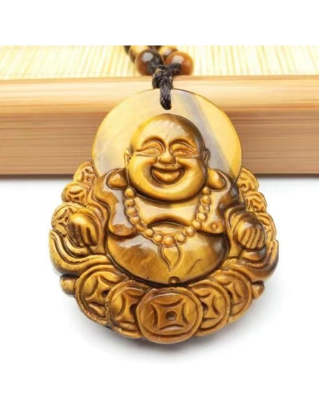 Tiger's Eye Pendant Hand Carved Energy Healing Maitreya Buddha Necklace With Bead Chain Lucky Amulet Fo Crystal Jewelry For Women Men