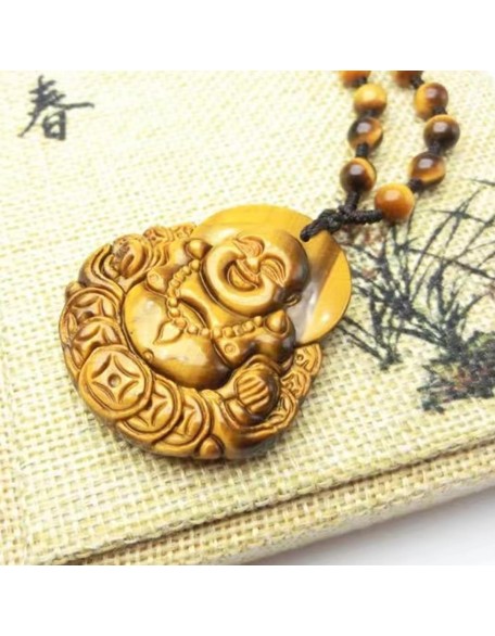 Tiger's Eye Pendant Hand Carved Energy Healing Maitreya Buddha Necklace With Bead Chain Lucky Amulet Fo Crystal Jewelry For Women Men