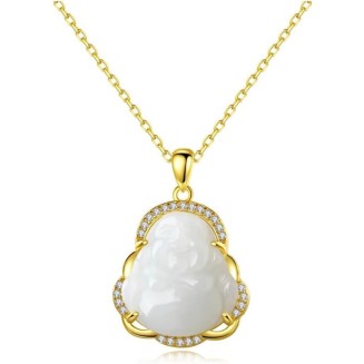 Natural Feng Shui White Hetian Jade Necklace Pendant for Women Genuine Yoga Maitreya Buddha Collarbone Chain S925 Silver Gold-Plated