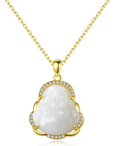 Natural Feng Shui White Hetian Jade Necklace Pendant for Women Genuine Yoga Maitreya Buddha Collarbone Chain S925 Silver Gold-Plated