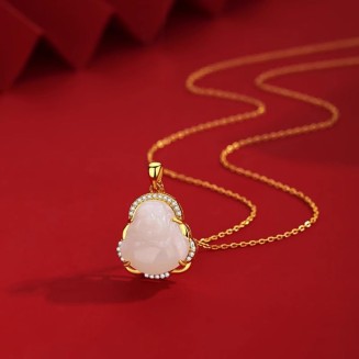 Natural Feng Shui White Hetian Jade Necklace Pendant for Women Genuine Yoga Maitreya Buddha Collarbone Chain S925 Silver Gold-Plated