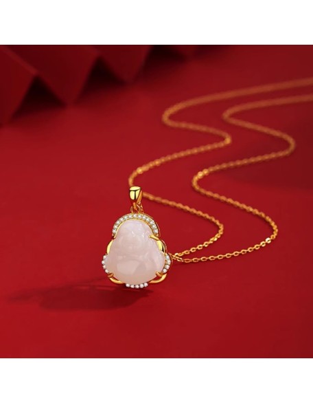 Natural Feng Shui White Hetian Jade Necklace Pendant for Women Genuine Yoga Maitreya Buddha Collarbone Chain S925 Silver Gold-Plated