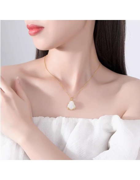 Natural Feng Shui White Hetian Jade Necklace Pendant for Women Genuine Yoga Maitreya Buddha Collarbone Chain S925 Silver Gold-Plated