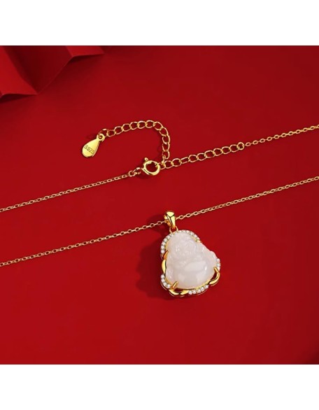 Natural Feng Shui White Hetian Jade Necklace Pendant for Women Genuine Yoga Maitreya Buddha Collarbone Chain S925 Silver Gold-Plated