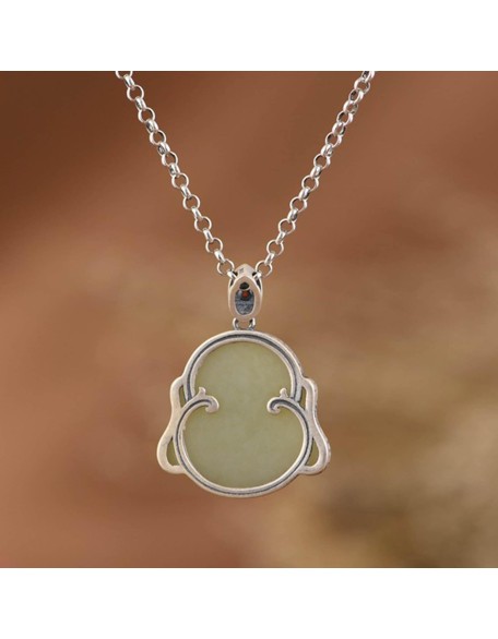 Gemstone Necklace,jade necklace,Sterling Silver Necklace for Women Feng Shui Necklace Buddha Charm Pendant Necklace Jade Amulet Wealth Necklace Vintage Style Long Necklace Meditation Talisman Stone Br