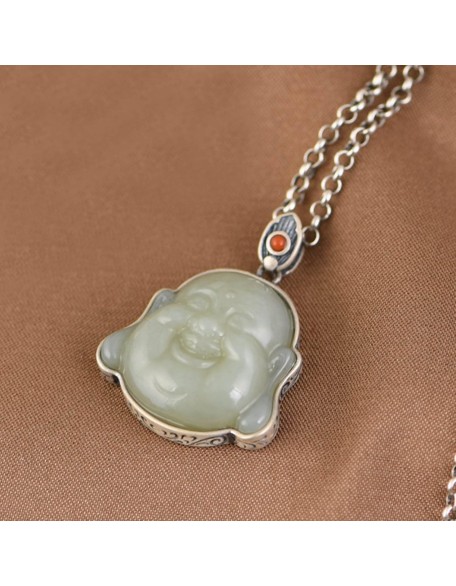 Gemstone Necklace,jade necklace,Sterling Silver Necklace for Women Feng Shui Necklace Buddha Charm Pendant Necklace Jade Amulet Wealth Necklace Vintage Style Long Necklace Meditation Talisman Stone Br