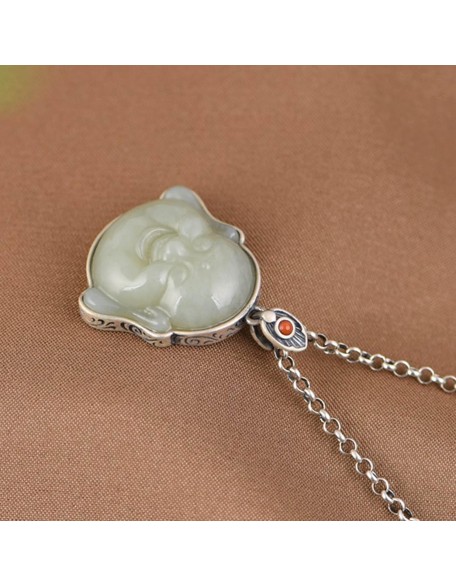 Gemstone Necklace,jade necklace,Sterling Silver Necklace for Women Feng Shui Necklace Buddha Charm Pendant Necklace Jade Amulet Wealth Necklace Vintage Style Long Necklace Meditation Talisman Stone Br