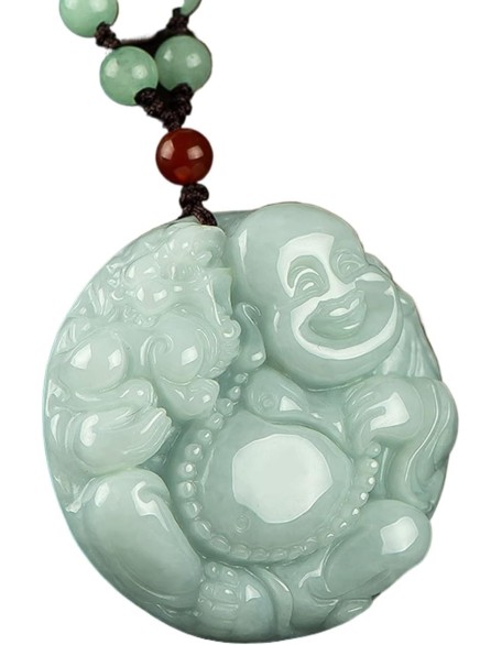 Gemstone Necklace,jade necklace,Feng Shui Wealth Laughing Buddha Necklace Pendant Natural Gemstone Semi Precious Emerald Jade Pendant Crystal Amulet Jewelry Talisman for Prosperity Money Good Luck Uni