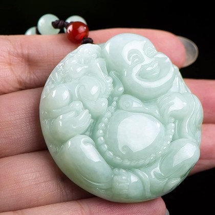 Gemstone Necklace,jade necklace,Feng Shui Wealth Laughing Buddha Necklace Pendant Natural Gemstone Semi Precious Emerald Jade Pendant Crystal Amulet Jewelry Talisman for Prosperity Money Good Luck Uni