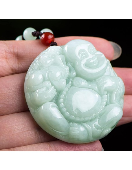 Gemstone Necklace,jade necklace,Feng Shui Wealth Laughing Buddha Necklace Pendant Natural Gemstone Semi Precious Emerald Jade Pendant Crystal Amulet Jewelry Talisman for Prosperity Money Good Luck Uni