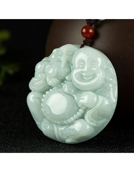 Gemstone Necklace,jade necklace,Feng Shui Wealth Laughing Buddha Necklace Pendant Natural Gemstone Semi Precious Emerald Jade Pendant Crystal Amulet Jewelry Talisman for Prosperity Money Good Luck Uni