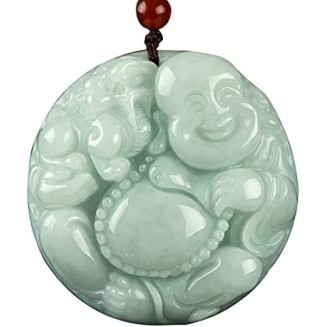 Jade Pendant, Feng Shui Wealth Laughing Buddha Necklace Pendant Natural Gemstone Semi Precious Emerald Jade Pendant Crystal Amulet Jewelry Talisman for Prosperity Money Good Luck Unisex