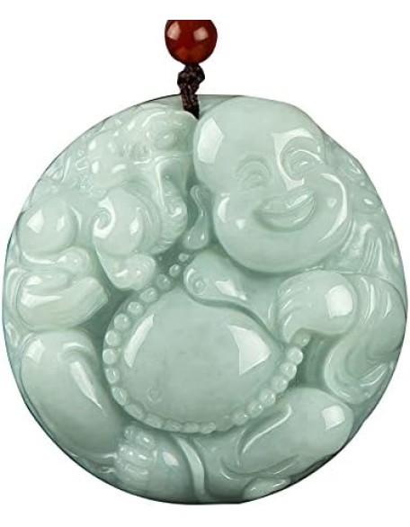 Jade Pendant, Feng Shui Wealth Laughing Buddha Necklace Pendant Natural Gemstone Semi Precious Emerald Jade Pendant Crystal Amulet Jewelry Talisman for Prosperity Money Good Luck Unisex