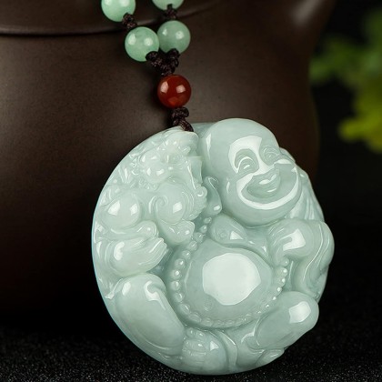 Jade Pendant, Feng Shui Wealth Laughing Buddha Necklace Pendant Natural Gemstone Semi Precious Emerald Jade Pendant Crystal Amulet Jewelry Talisman for Prosperity Money Good Luck Unisex