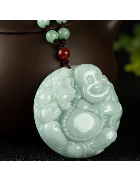 Jade Pendant, Feng Shui Wealth Laughing Buddha Necklace Pendant Natural Gemstone Semi Precious Emerald Jade Pendant Crystal Amulet Jewelry Talisman for Prosperity Money Good Luck Unisex