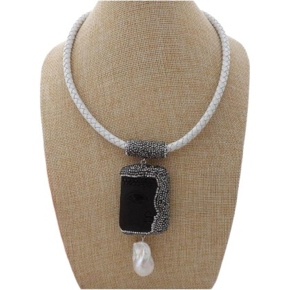 fashion accessories 18inch White Leather Necklace White Keshi Pearl Natural Black Stone Caved Buddha Pendant Necklace Religious Style Women's Necklaces